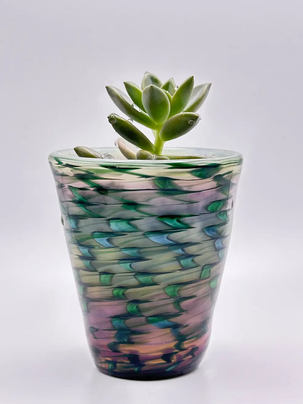 Glass planter with horizontal teal, blue, and pink ribbons and a small succulent